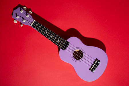 Four string ukulele guitar on red backgroundの写真素材