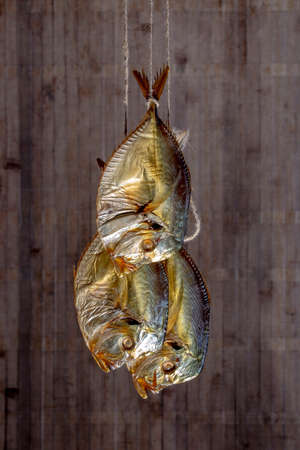 Three smoked sea fish Selene close-up on a stringの写真素材