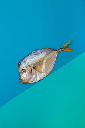 Smoked sea fishmoon on a colored background at an angleの写真素材