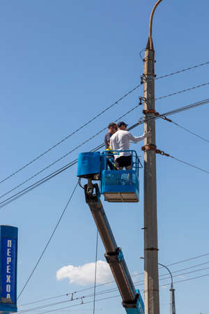 Belgorod, Russia - July 08, 2021: Repair work on the power line in Belgorodのeditorial素材