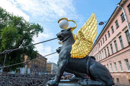 St. Petersburg, Russia - July 09, 2021: View of Winged Lions on Bank Bridge in St. Petersburgのeditorial素材