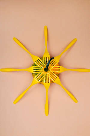 Abstract still life with ripe squash and yellow forksの写真素材