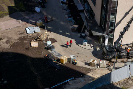 St. Petersburg, Russia - July 12, 2021: Top view of the construction of a new school in the...