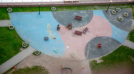St. Petersburg, Russia - July 15, 2021: Top view of a children's playground in the courtyard of a house in St. Petersburgのeditorial素材