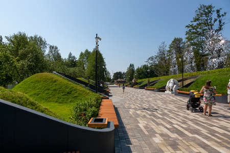St. Petersburg, Russia - July 16, 2021: View of the alley of heroes of the Russian fleet in the park...