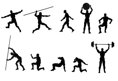 Collage with human silhouettes in different poses on a white backgroundの写真素材