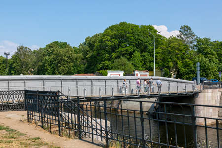 St. Petersburg, Russia - July 16, 2021: Dock Bridge over Petrovsky Channel in Kronstadt, St. Petersburg Petersburgのeditorial素材
