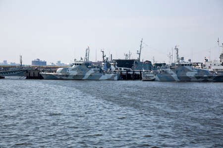 St. Petersburg, Russia - July 16, 2021: Submarines and rocket boats of the Baltic Fleet of Russia on the berth in Kronstadt, St. Petersburg Petersburgのeditorial素材