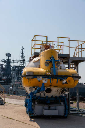 Saint-Petersburg, Russia - July 16, 2021: Underwater vehicle at the arms exhibition on the pier in...