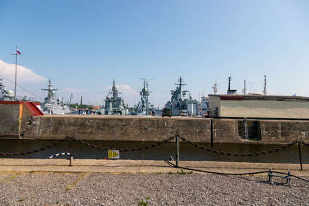 St. Petersburg, Russia - July 16, 2021: View of the marina with the Military ships of the Baltic Fleet in Kronstadtのeditorial素材