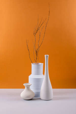 Still life with white vases with a tree branch on a colored backgroundの写真素材