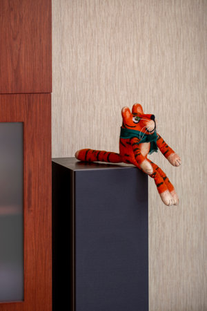Orange tiger cub - soft toy made of felt woolの写真素材