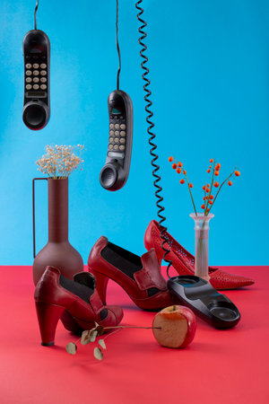 Abstract still life with women's shoes, vases, phones and an appleの写真素材