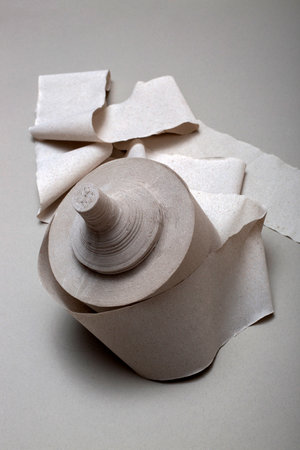 Roll of toilet paper on a gray backgroundの写真素材