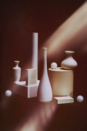 Still life with white vases and white figuresの写真素材