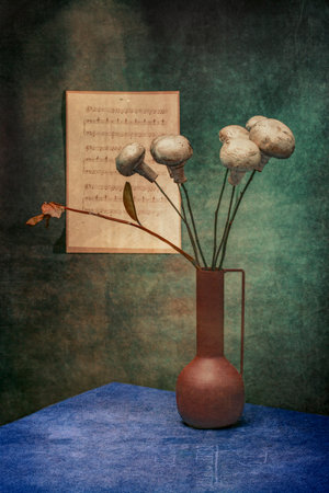 Still life "Bouquet of mushrooms" with mushrooms on wooden sticksの写真素材