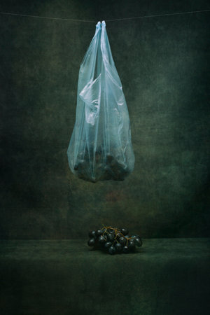 A bunch of grapes in a cellophane bag on a string on a dark backgroundの写真素材