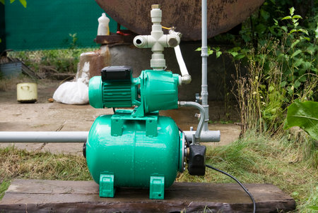 Connected pumping station mounted on a wooden boardの写真素材