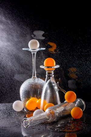 Still life with glasses and orange balls with water sprayの写真素材