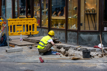 Vienna, Austria - June 13, 2023: Repair work on one of the streets in the centerのeditorial素材