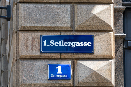 Vienna, Austria - June 13, 2023: Wall plaques with district number and street name Seilergasse in Viennaのeditorial素材