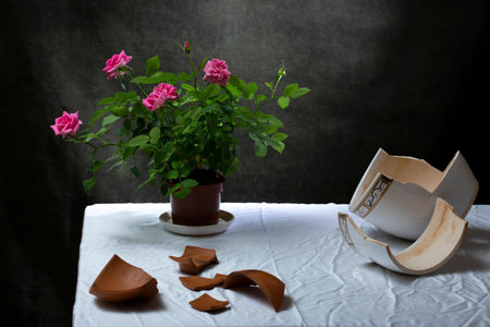 Still life with a room rose on a table with a broken potの写真素材