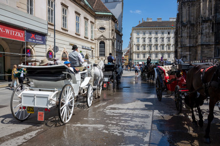 Vienna, Austria - June 13, 2023: Horse carts parking on the square in front of St. Stephen's Cathedral in Viennaのeditorial素材