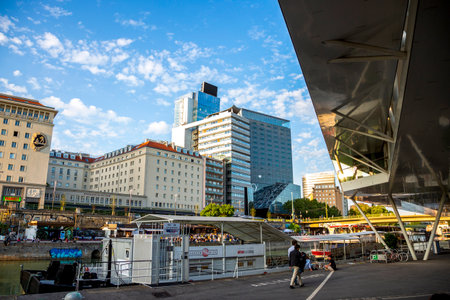Vienna, Austria - June 13, 2023: Multi-storey on the Danube Canal embankment in Viennaのeditorial素材