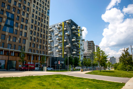 Vienna, Austria - June 14, 2023: Seestadt residential complex near Lake Asperner in Viennaのeditorial素材