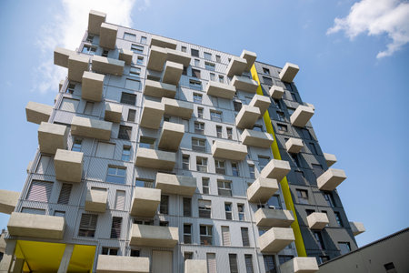 Vienna, Austria - June 14, 2023: The facade of a modern multi-storey building in the Seestadt residential complex in Viennaのeditorial素材