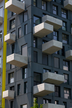 Vienna, Austria - June 14, 2023: The facade of a modern multi-storey building in the Seestadt residential complex in Viennaのeditorial素材