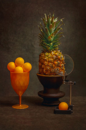 Still life with pineapple and orange balls in a glassの写真素材