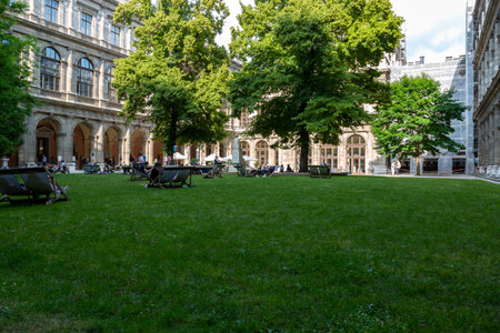 Vienna, Austria - June 16, 2023: Courtyard of the Vienna State University building.