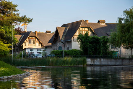 Vienna, Austria - June 16, 2023: Pond and buildings around in the second district of Vienna Leopoldstadtのeditorial素材
