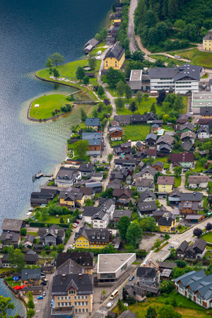 View of the city of Hallstatt and Lake Hallstattersee from a mountain in Austriaの写真素材