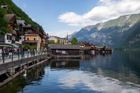 Hallstatt, Austria - June 17, 2023: View of the city of Hallstatt and Lake Hallstatterseeのeditorial素材