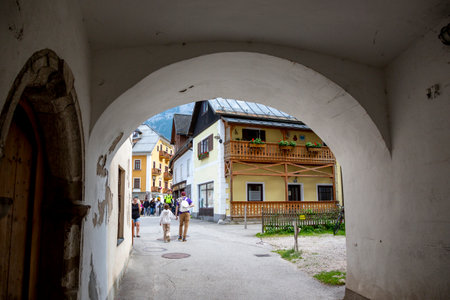 Hallstatt, Austria - June 17, 2023: A view of the street life of Hallstatt