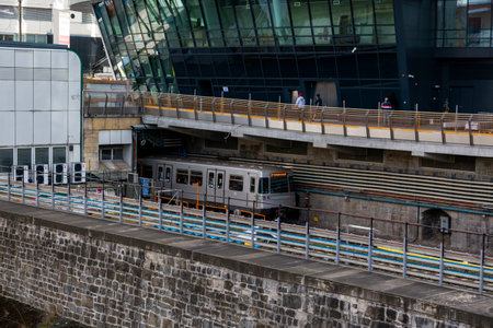 Vienna, Austria - June 20, 2023: Vienna Metro train carriages on the route in the city
