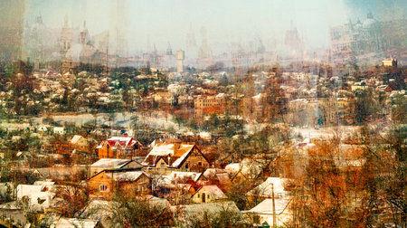 Abstract image of a winter city, stylizationの写真素材