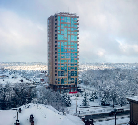 Dnepr, Ukraine - August 26, 2020: New multi-storey residential building in the background of the...