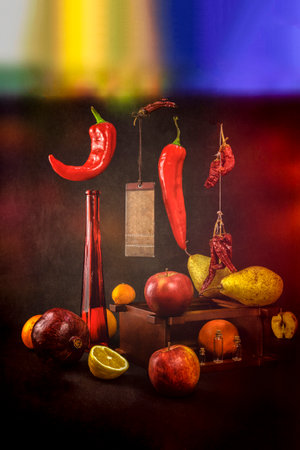 Still life with red pepper, pomegranate and fruit