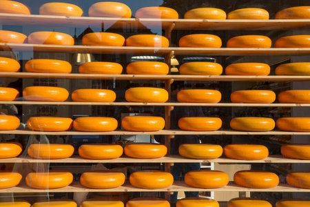 Famous Dutch cheese on the shelves in the store window