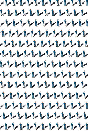 Abstract collage with many men in blue t-shirts and shadows on a white background