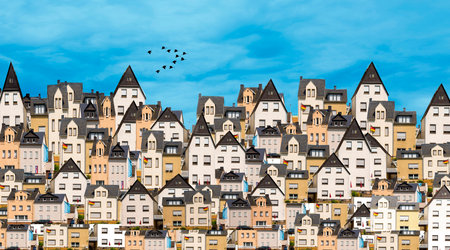 Collage with city buildings against a background of blue sky and a flying flock of birds