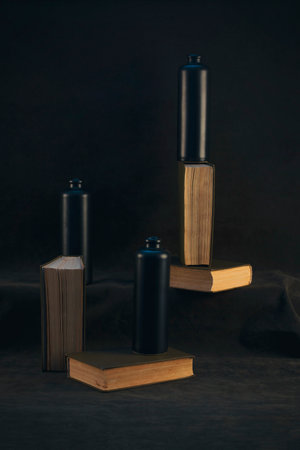 Still life with four books and three dark bottles