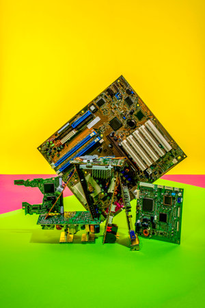 Abstract figure folded from computer circuit boards on a colored background