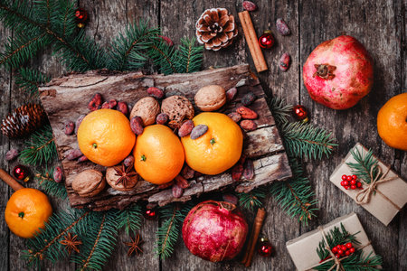 Christmas card. Christmas gifts, pomegranate, Tangerines, Nuts, cocoa beans, Fir branches on wooden snowy background. Xmas and Happy New Year composition. Top view, selective focusの写真素材