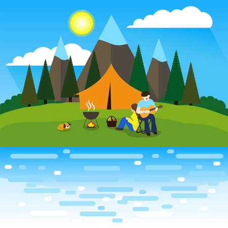 Tourists a young couple with a guitar and a dog are resting by the fire with a tent near the river in the summer against the backdrop of the mountains.のイラスト素材