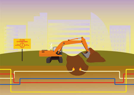 Excavator digs a trench in the city in the security zone of the cable. Safety violation.のイラスト素材