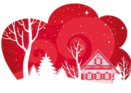 Beautiful night winter landscape with a wooden country house, trees and blizzard.のイラスト素材